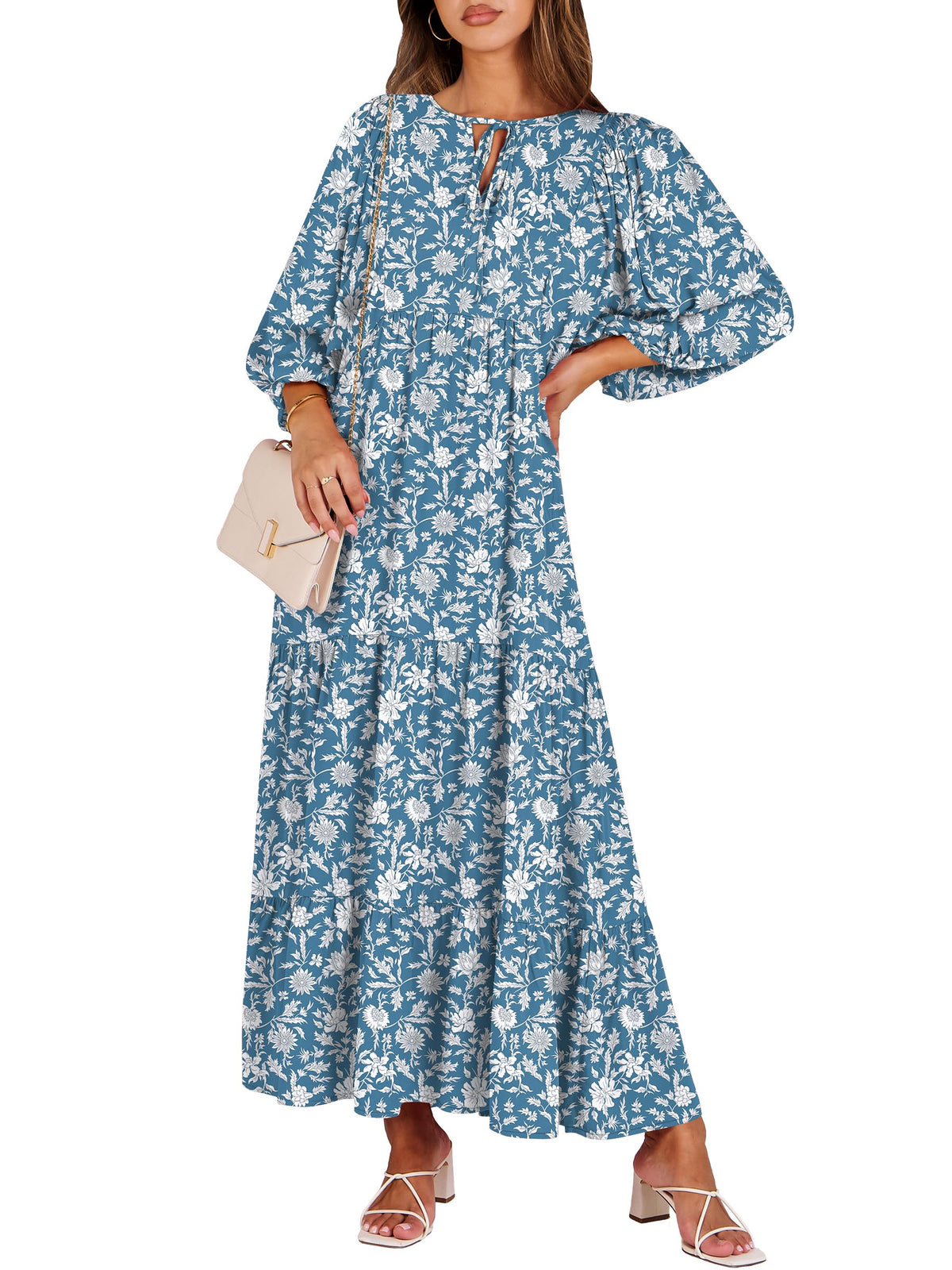 ANRABESS Womens Boho Floral 3/4 Puff Sleeve Maxi Dress
