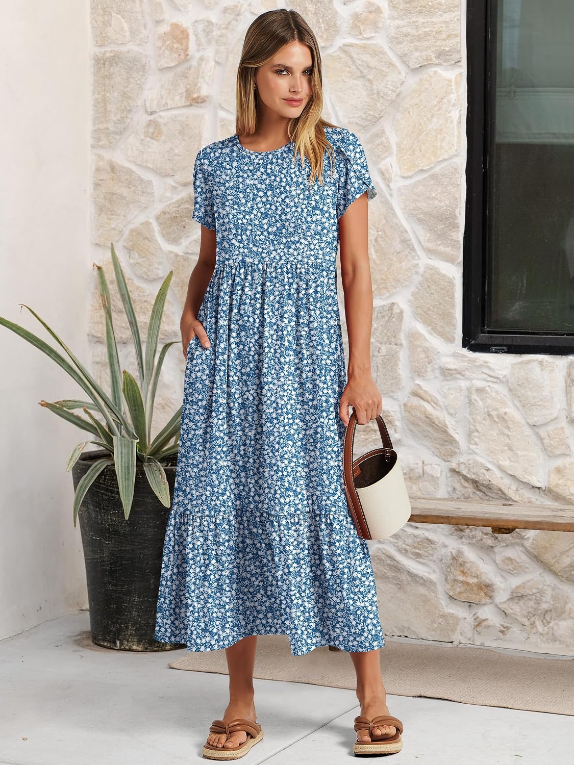 ANRABESS Womens Summer Petal Short Sleeve Maxi Dress with Pockets
