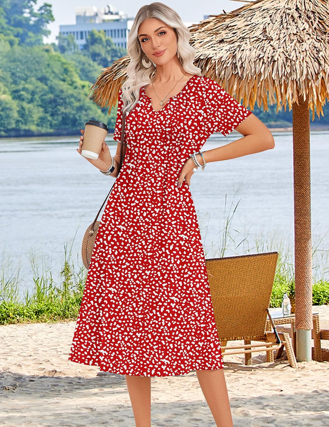 Zeagoo Summer Dresses for Women 2026 Casual Short Sleeve Aline Midi Dress with Pocket Flowy Pleated Tshirt Beach Sundress