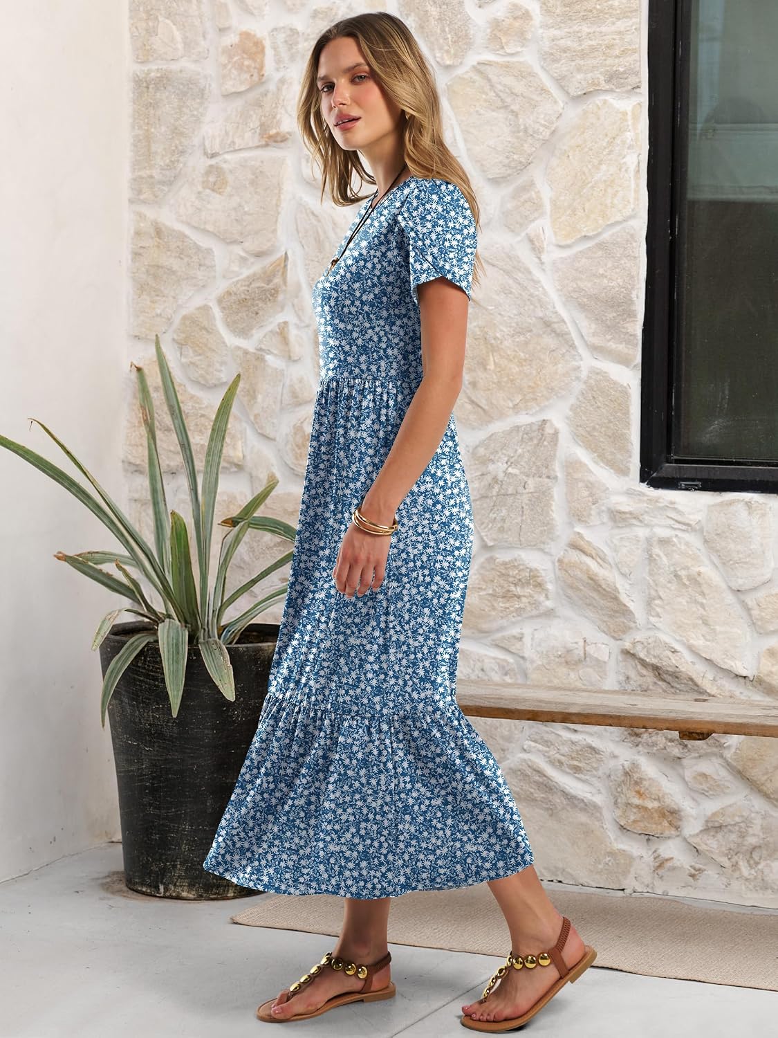 ANRABESS Womens Summer Petal Short Sleeve Maxi Dress with Pockets
