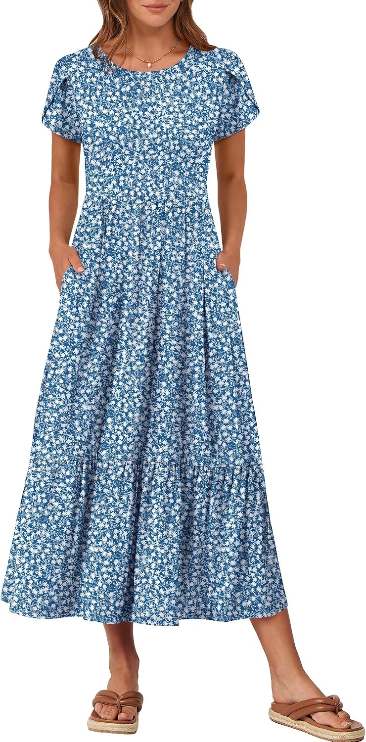 ANRABESS Womens Summer Petal Short Sleeve Maxi Dress with Pockets
