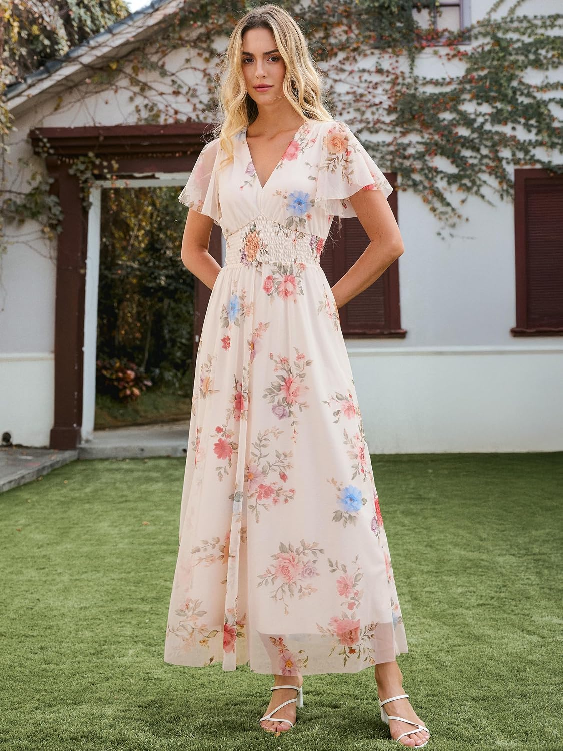 ANRABESS Women's Floral Tulle Wedding Guest Short Sleeve Maxi Dress