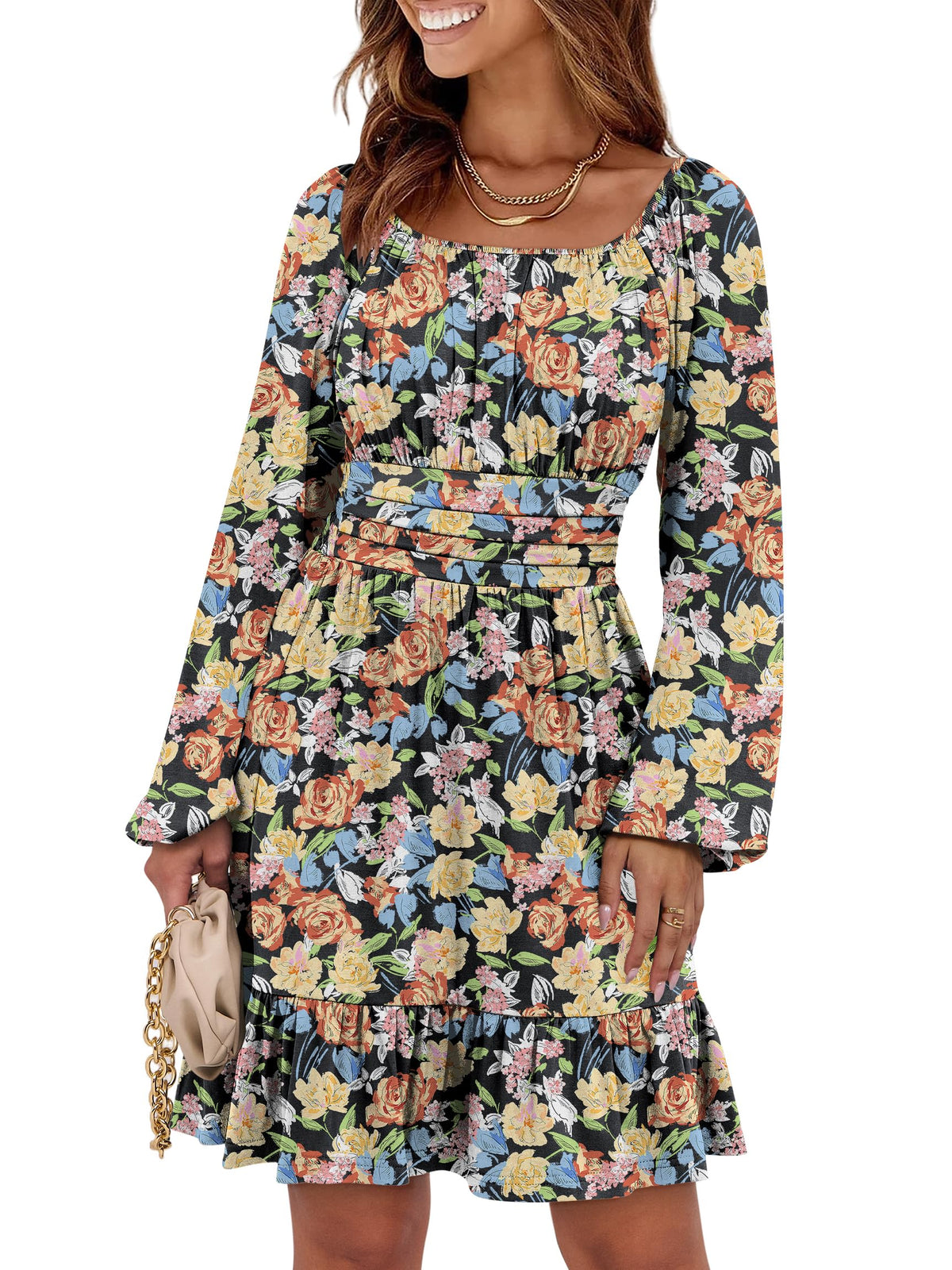ANRABESS Women Long Lantern Sleeve Square Neck Fall Short Dress