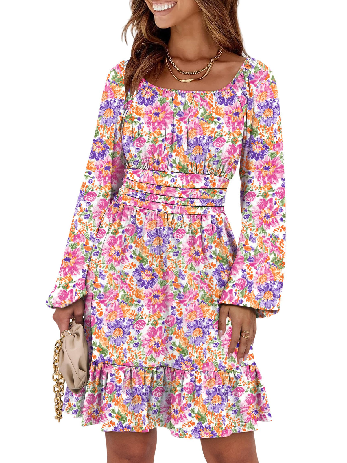 ANRABESS Women Long Lantern Sleeve Square Neck Fall Short Dress
