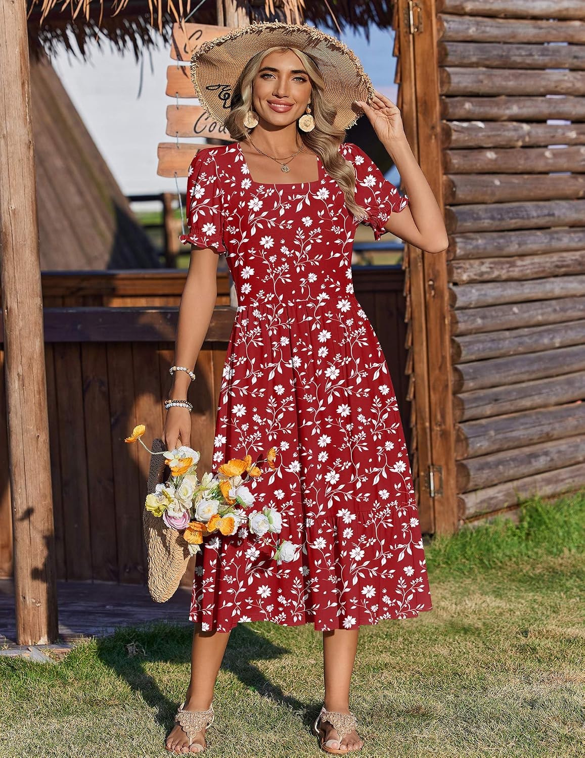 Zeagoo Summer Dresses for Women Flowy Casual Midi Dress Short Sleeve Tiered Dress Beach Vacation Sundresses with Pockets