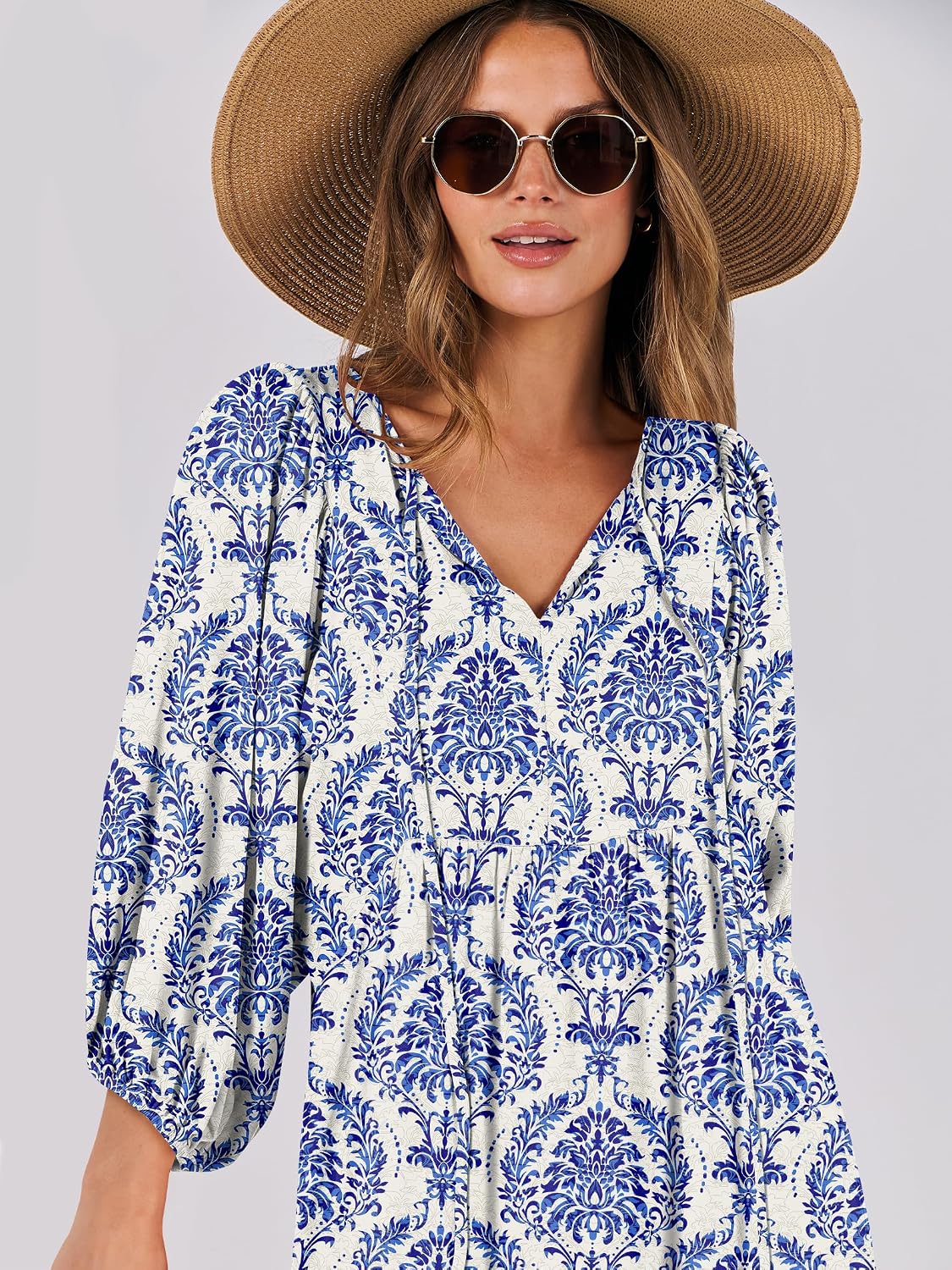 ANRABESS Womens Boho Floral 3/4 Puff Sleeve Maxi Dress