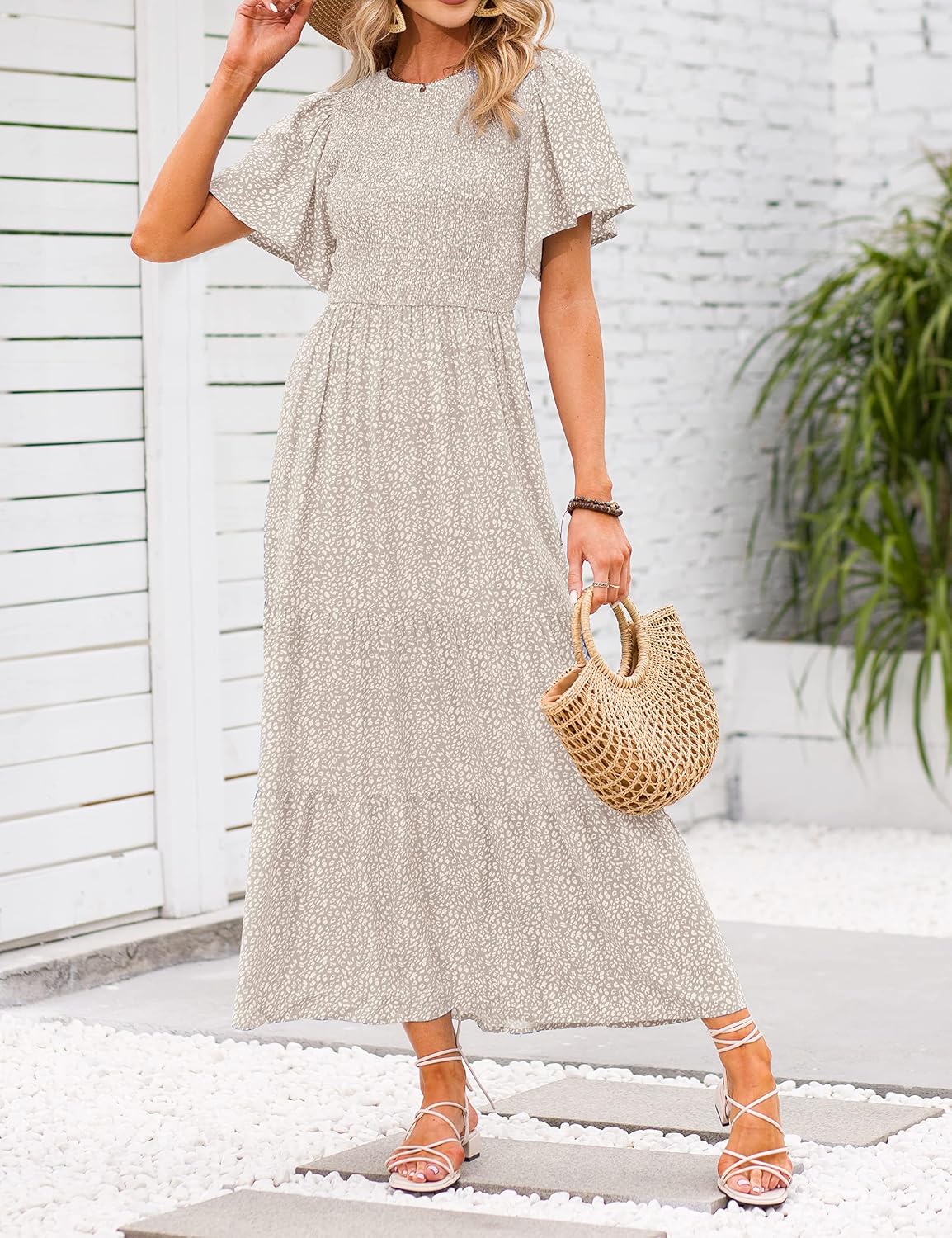 ZESICA Women's Summer Boho Floral Smocked Short Sleeve Maxi Dress