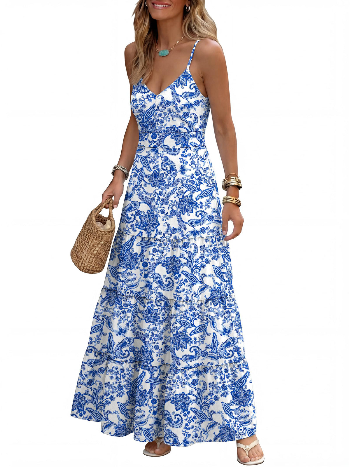 Caracilia Womens Summer Gingham Striped Flowy Spaghetti Strap Maxi Dress