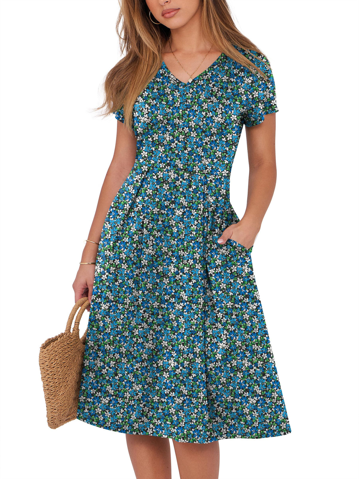 ANRABESS Women Summer Dress Casual Short Sleeve V Neck A-Line Knee Length Pleated Flowy 2026 Fashion Midi Dresses with Pocket