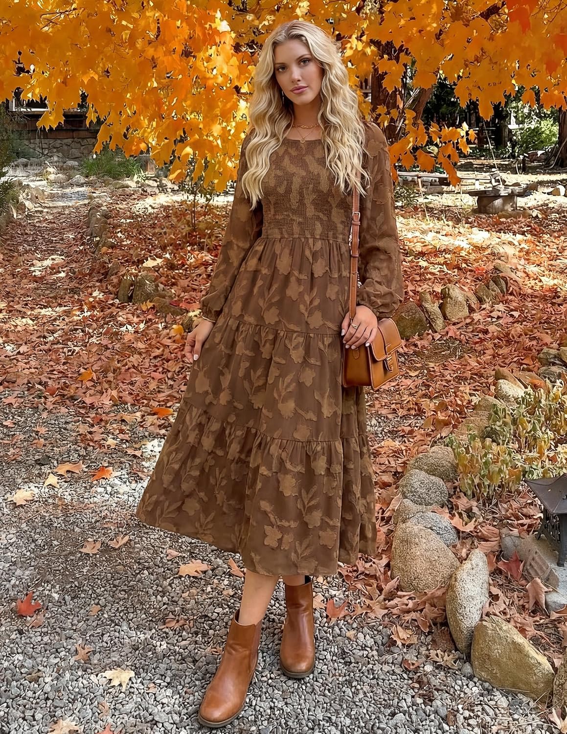 ZESICA Womens Fall Wedding Guest Long Sleeve Boho Midi Dress