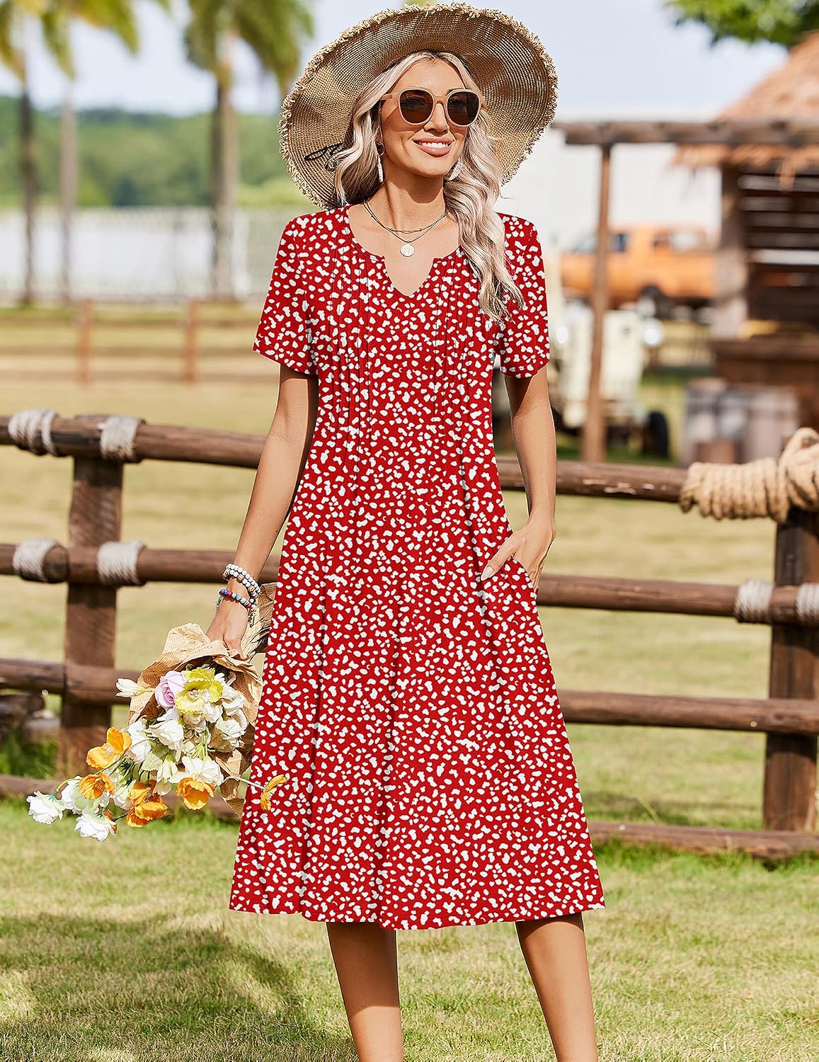 Zeagoo Summer Dresses for Women 2026 Casual Short Sleeve Aline Midi Dress with Pocket Flowy Pleated Tshirt Beach Sundress