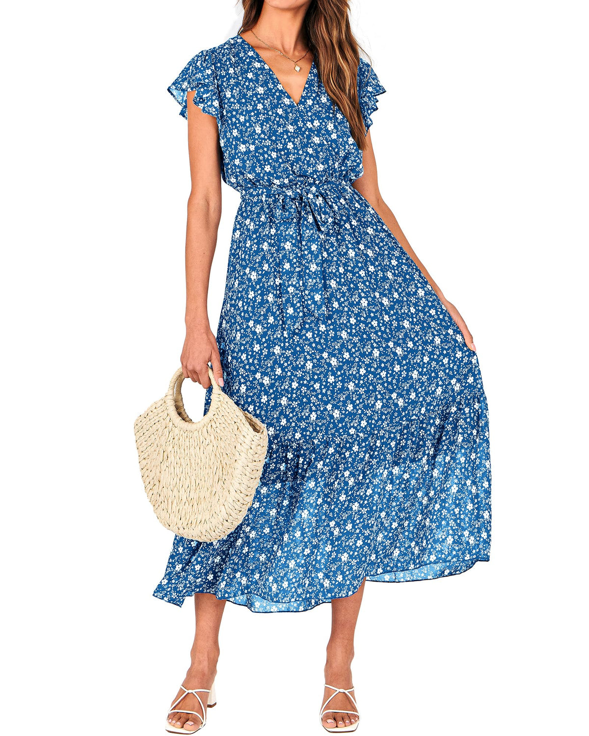 BTFBM Women Summer Casual Wrap V Neck Ruffle Cap Sleeve Belted Midi Dress