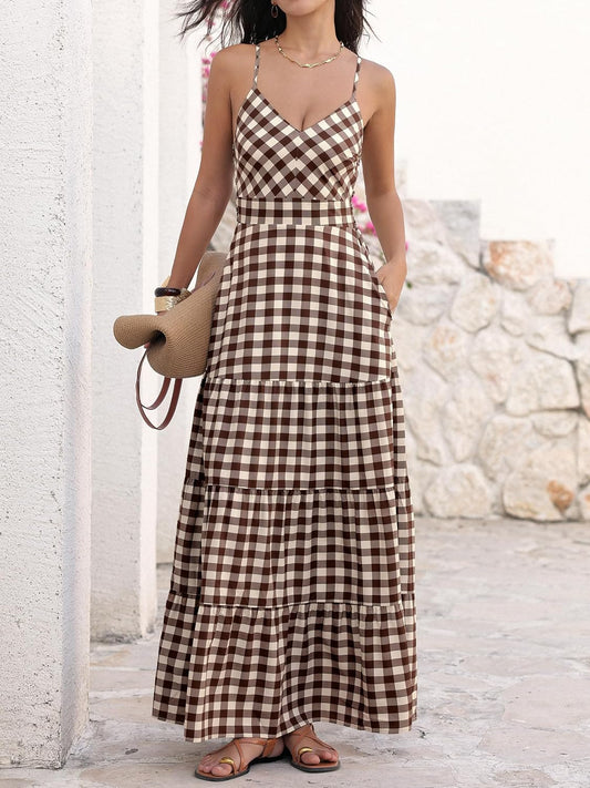 Caracilia Womens Summer Gingham Striped Flowy Spaghetti Strap Maxi Dress
