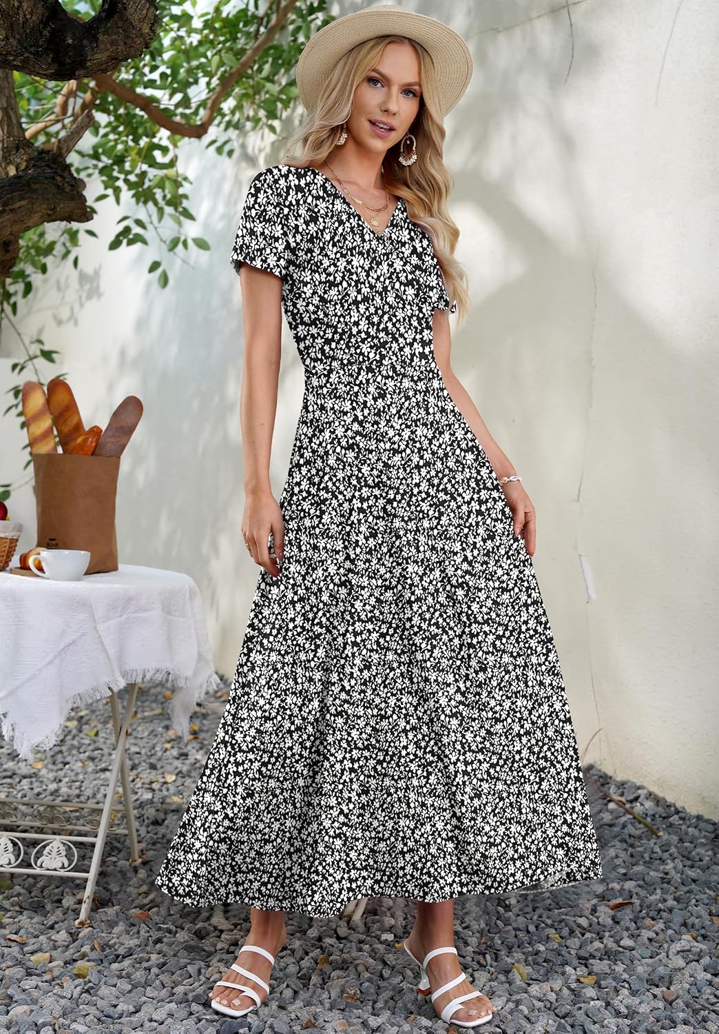 AUSELILY Maxi Dresses for Women Ankle Length Floral Beach Long Flowy Dress