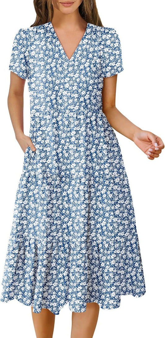 ANRABESS Womens Summer Casual Dresses Short Sleeve Boho Midi Dress