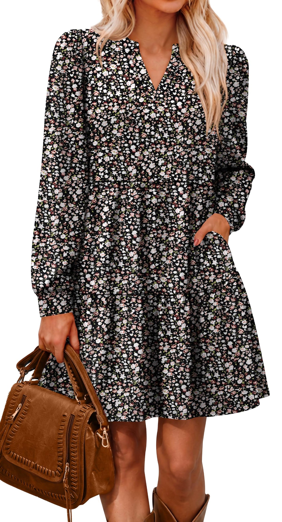 OFEEFAN Fall Dresses for Women V Neck Long Sleeve Tiered Dress with Pockets