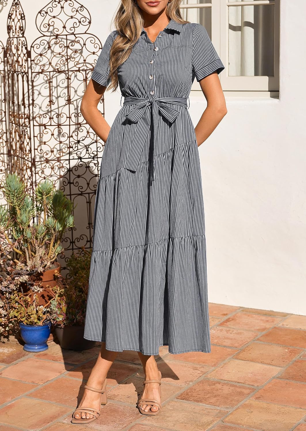 PRETTYGARDEN Women Striped Button Up Maxi Shirt Dress
