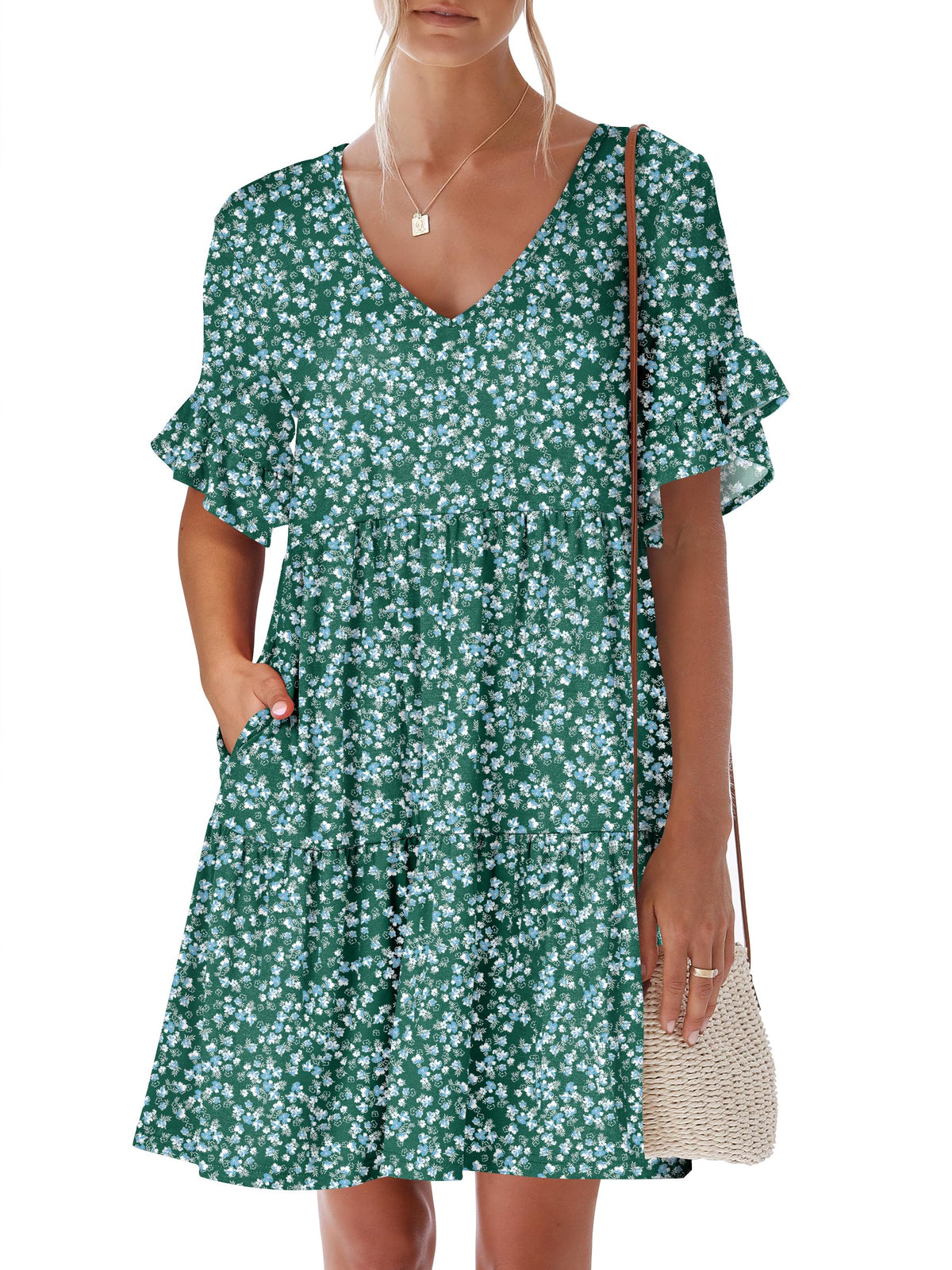 ANRABESS Dresses for Women Summer 2026 V Neck Ruffle Sleeve A Line Tiered Flowy Casual Trendy Mini Beach Dress with Pockets