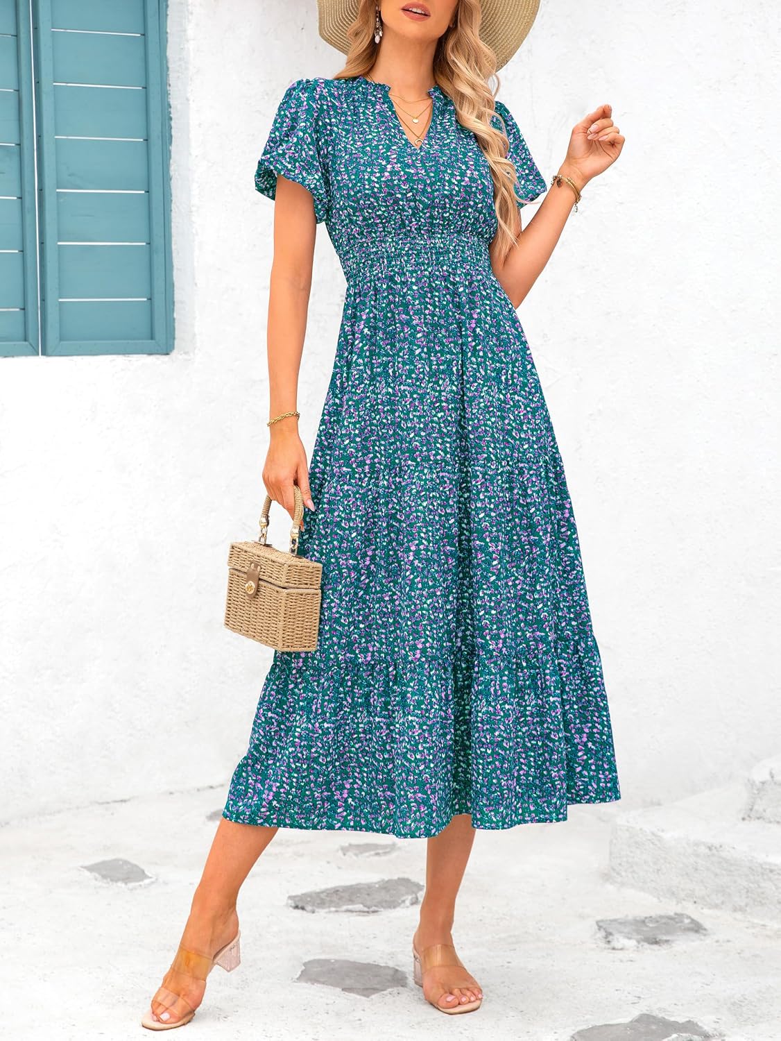 MASCOMODA Summer Maxi Dresses for Women 2026 Short Sleeve Long Floral Dress