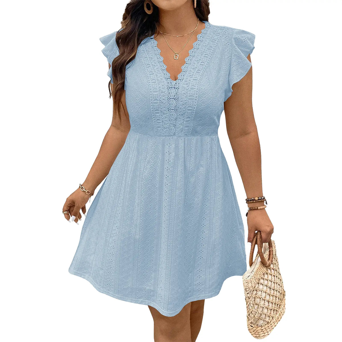 Eytino Plus Size Dresses for Women Summer Ruffle Cap Sleeve Lace V Neck Embroidery Eyelet A Line Dress(1X-5X)