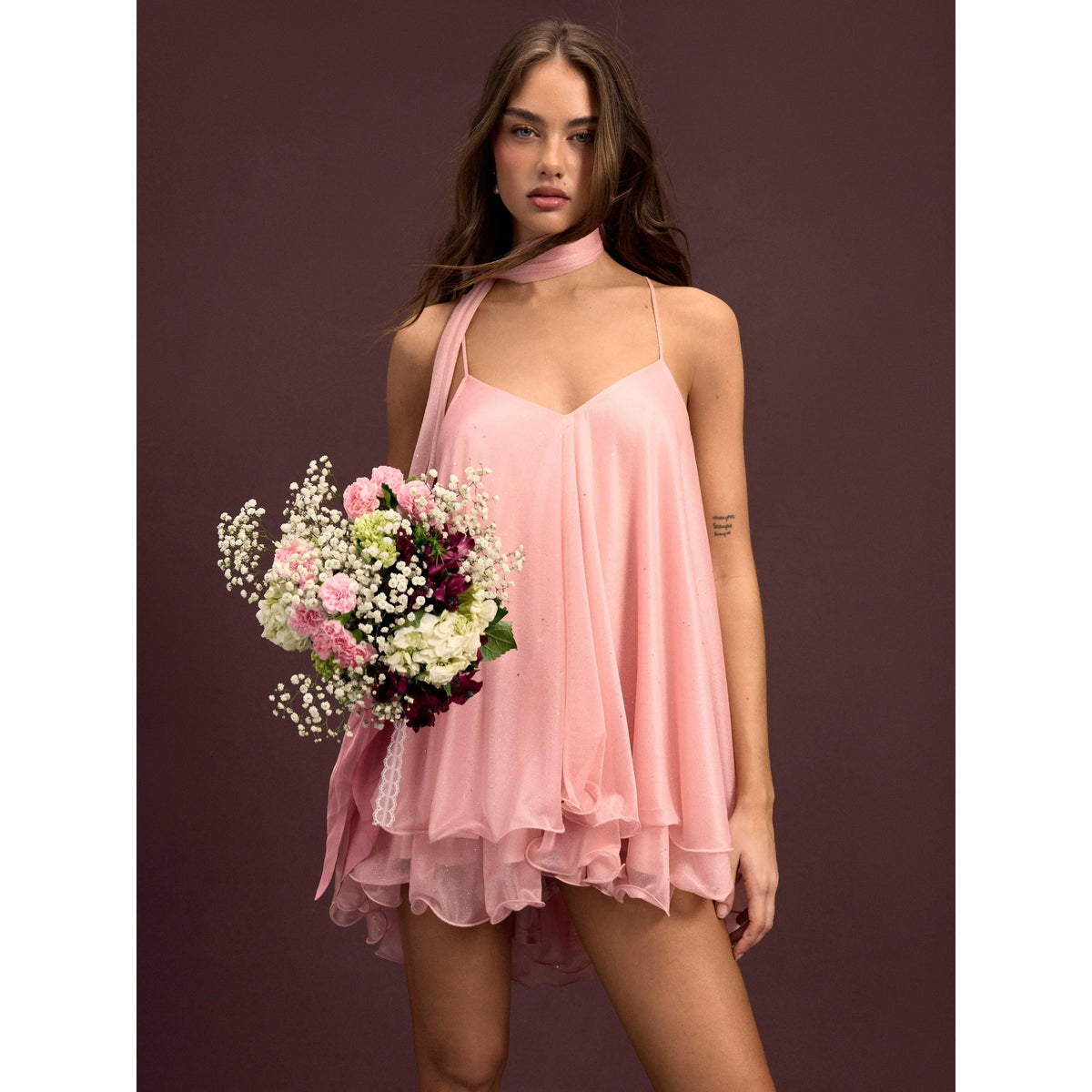 Cider V-Neck Halter Ruffled Hem Tulle Glitter Mini Dress Casual Wear Sexy Glamorous Women's Party Clubbing Festival Gown, Oversized Loose Fit Bounce Sundress with Scarf for Summer SohoChic