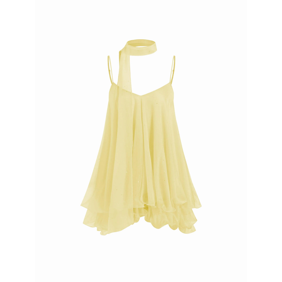 Cider V-Neck Halter Ruffled Hem Tulle Glitter Mini Dress Casual Wear Sexy Glamorous Women's Party Clubbing Festival Gown, Oversized Loose Fit Bounce Sundress with Scarf for Summer SohoChic