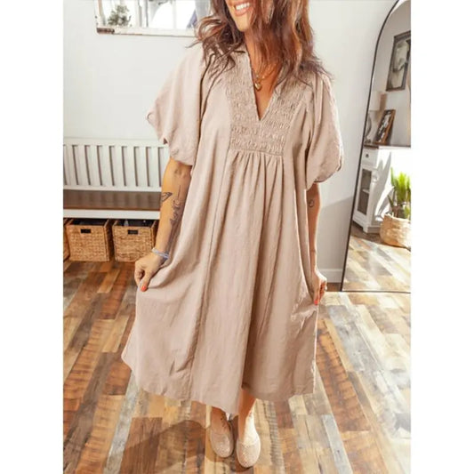 DOKOTOO Summer Dresses for Women 2026 Casual Dresses V Neck Puff Sleeve Empire Waist A-Line Maxi Dress