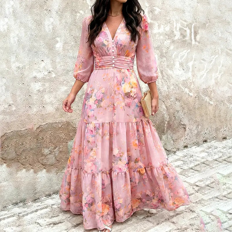 CHICME 2026 Women's Plants Print V-Neck Puff Sleeve Casual Maxi Dress