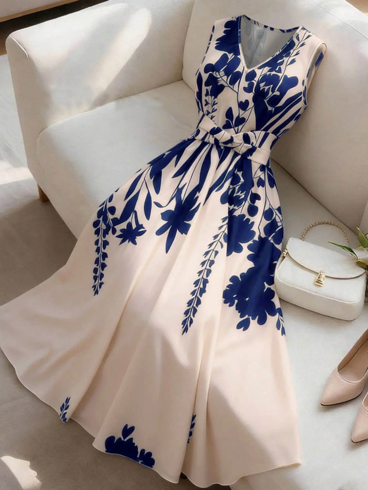 Women's Fashion Feminine Casual Chic Floral Print Sleeveless Vneck Dress, Summer Clothes for Vacation, Office, Beach and Graduation Party, Boho V Neck