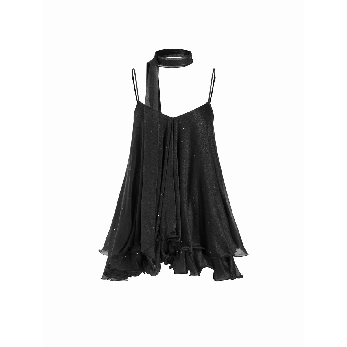 Cider V-Neck Halter Ruffled Hem Tulle Glitter Mini Dress Casual Wear Sexy Glamorous Women's Party Clubbing Festival Gown, Oversized Loose Fit Bounce Sundress with Scarf for Summer SohoChic