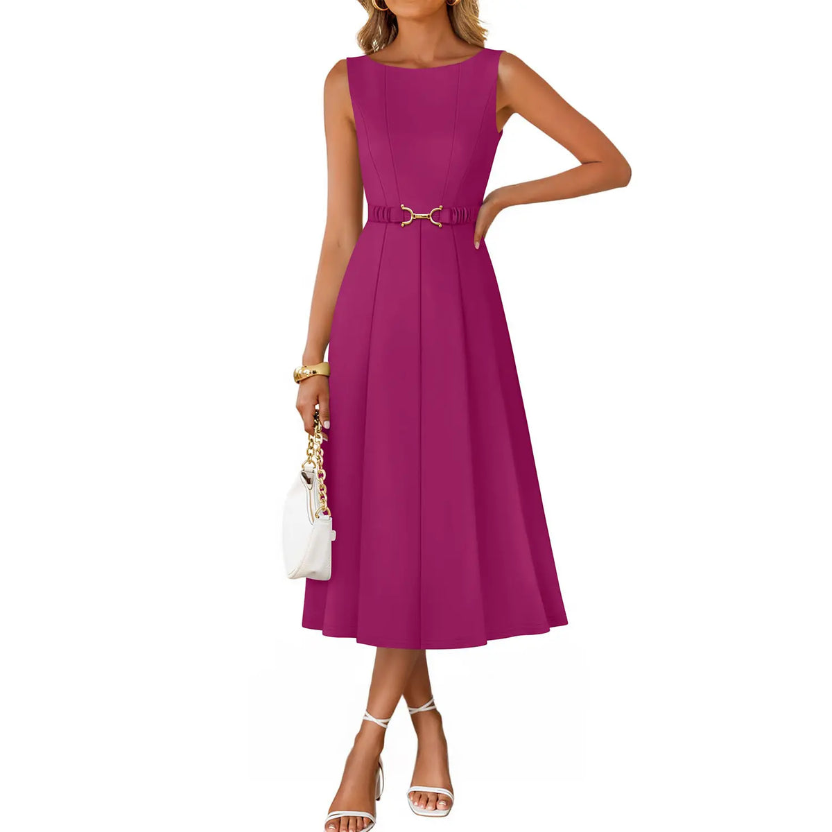 ZESICA Women Summer Sleeveless Midi Dresses 2026 Elegant Boat Neck A Line Tie Waist Spring Cocktail Party Dress