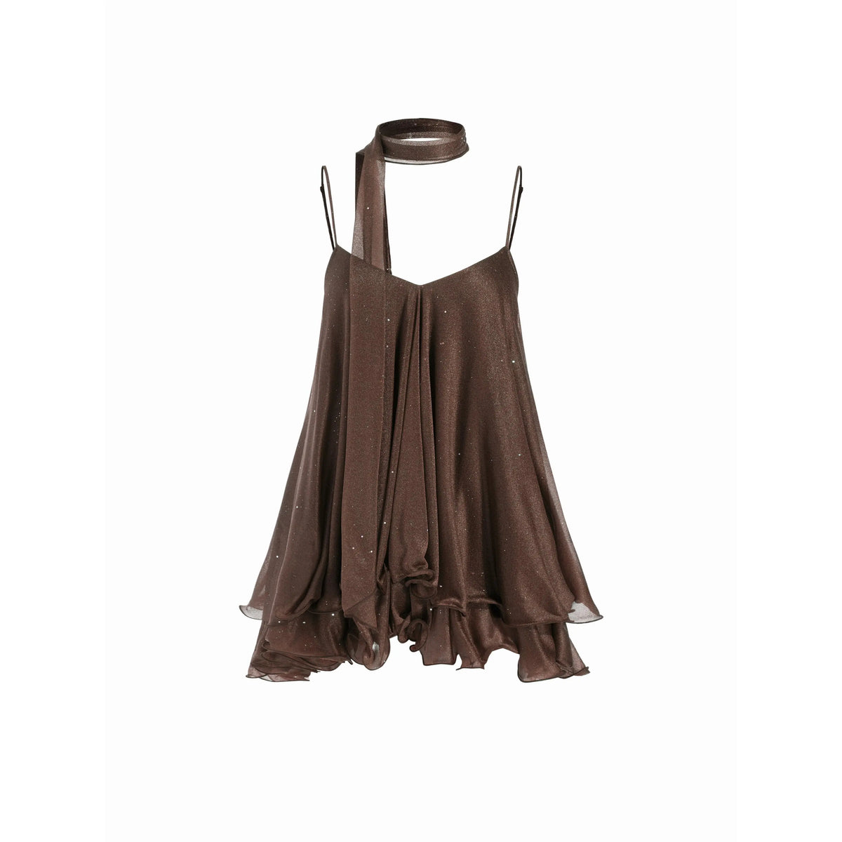 Cider V-Neck Halter Ruffled Hem Tulle Glitter Mini Dress Casual Wear Sexy Glamorous Women's Party Clubbing Festival Gown, Oversized Loose Fit Bounce Sundress with Scarf for Summer SohoChic