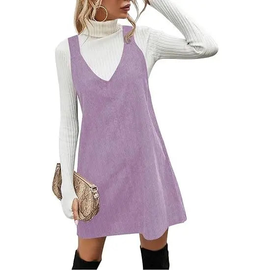 Wenrine Women's V Neck Corduroy Overall Dress Casual Loose Short Pinafore Dresses Cute Mini Jumper Dress