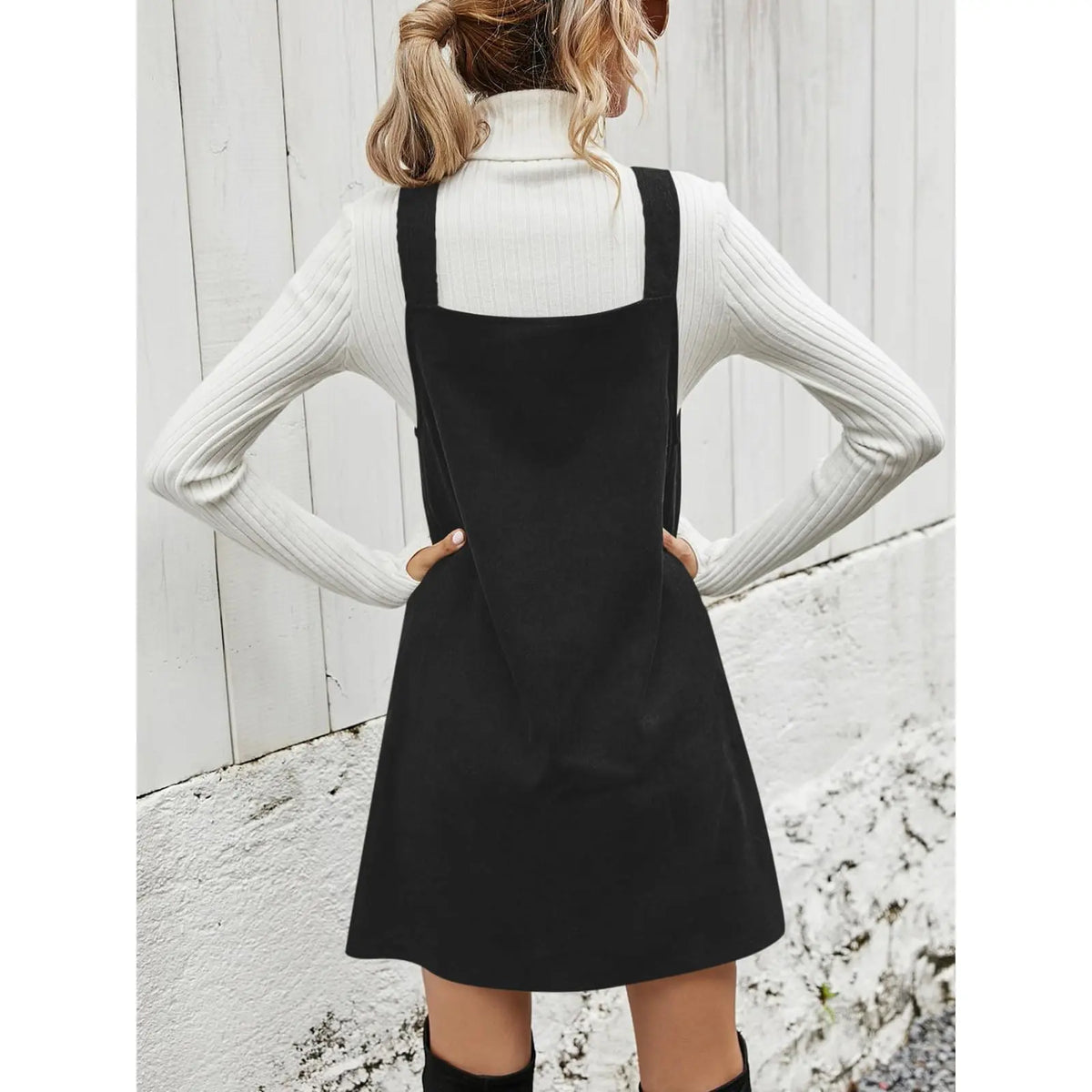 Wenrine Women's V Neck Corduroy Overall Dress Casual Loose Short Pinafore Dresses Cute Mini Jumper Dress