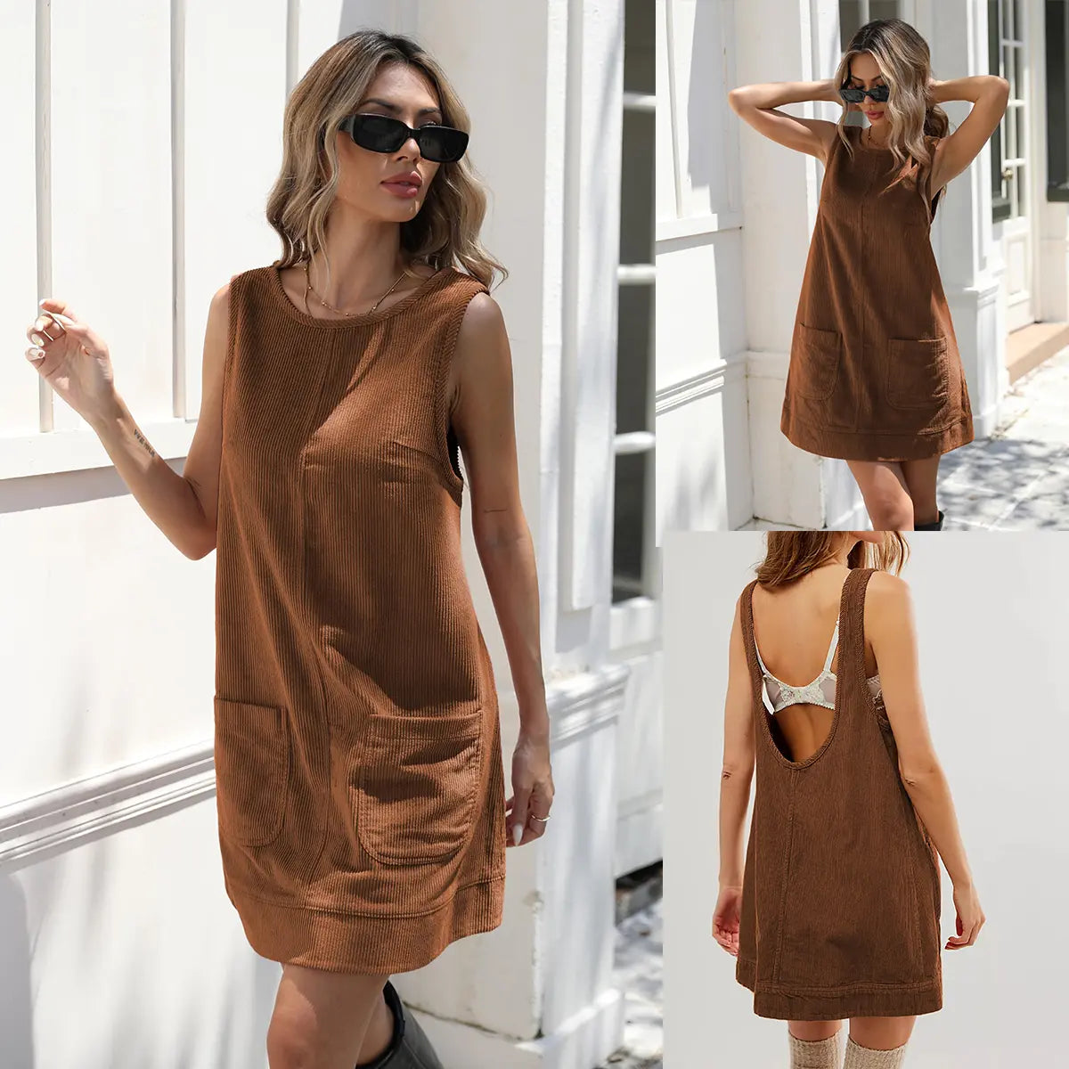 JovenPara Women's 70%Cotton-30%Polyester Corduroy Sleeveless A-Line Mini Overall Dress - Basic Casual Machine Washable Dress with Round Neck, Patch Pockets, Open Back, Above Knee, Elegant Women's Clothes