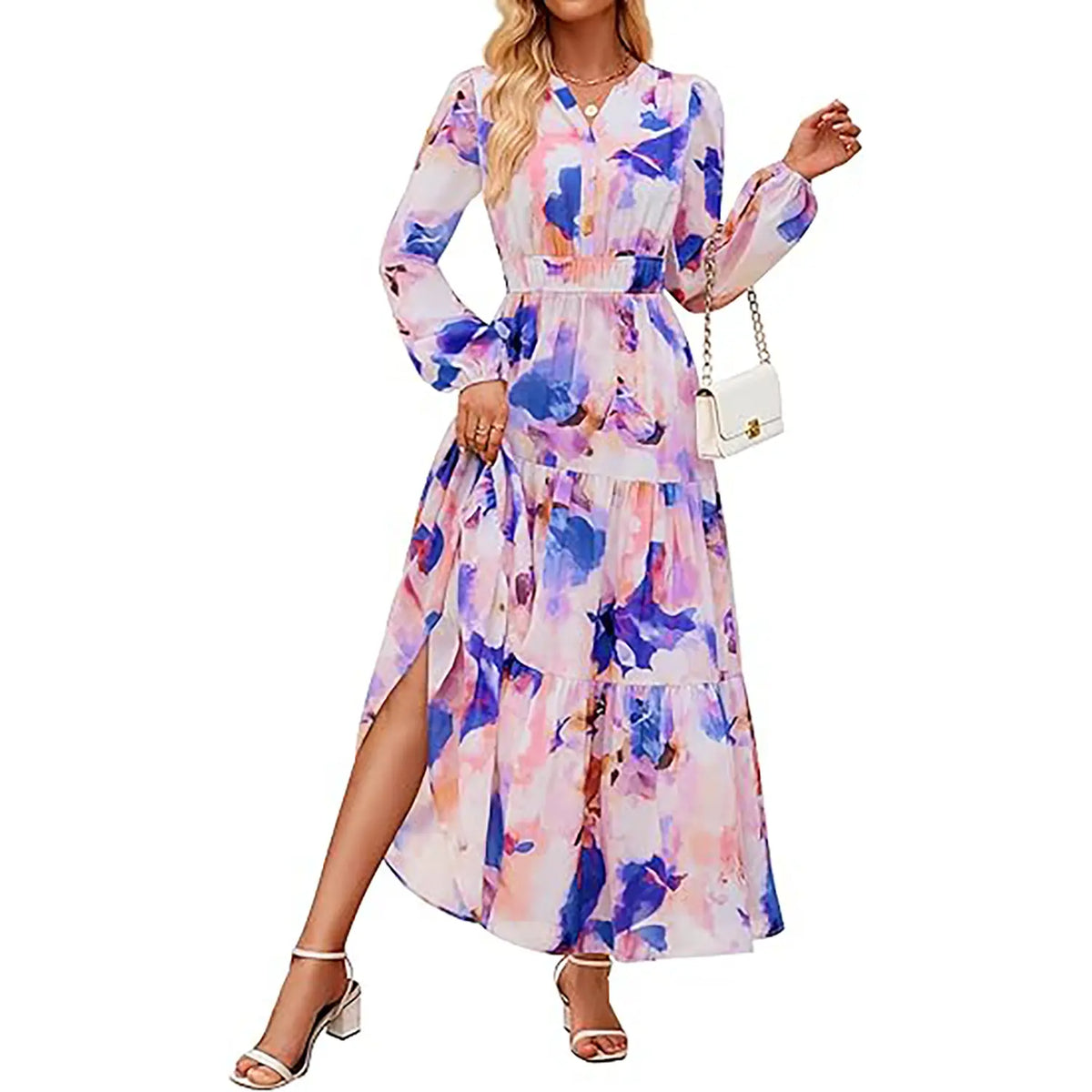 ZESICA Women's 2025 Fall Long Sleeve Maxi Dress Floral Print V Neck Empire Waist A Line Tiered Flowy Boho Party Dresses