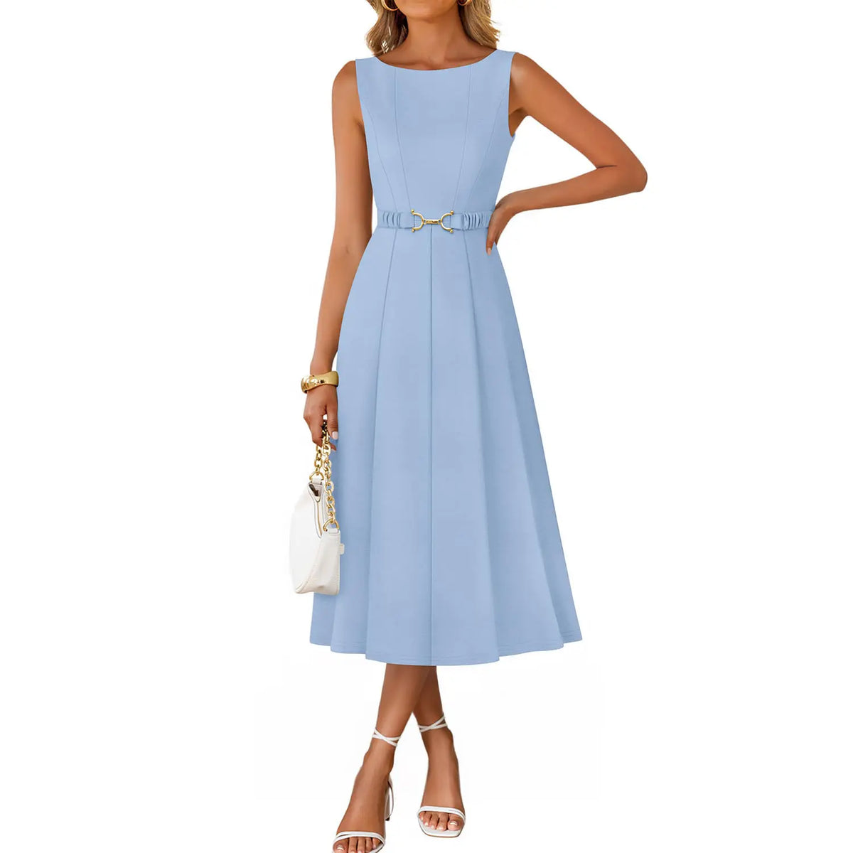 ZESICA Women Summer Sleeveless Midi Dresses 2026 Elegant Boat Neck A Line Tie Waist Spring Cocktail Party Dress