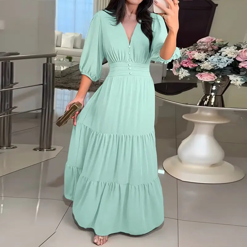 CHICME 2026 Women's Plants Print V-Neck Puff Sleeve Casual Maxi Dress