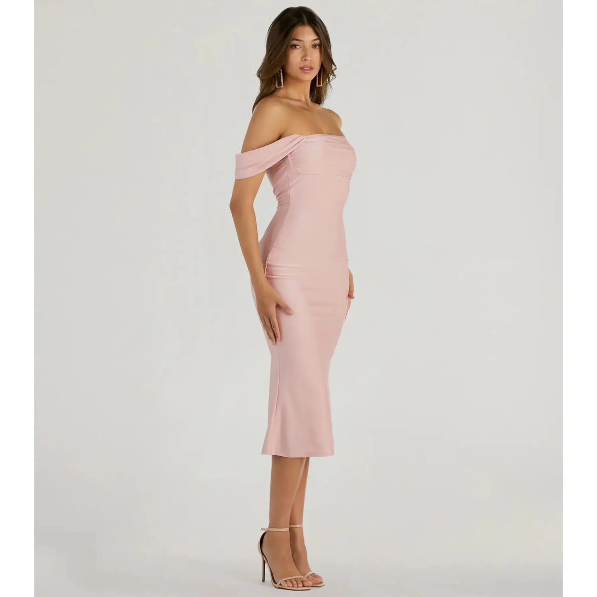 Exceptional Off-The-Shoulder Flared Midi Dress