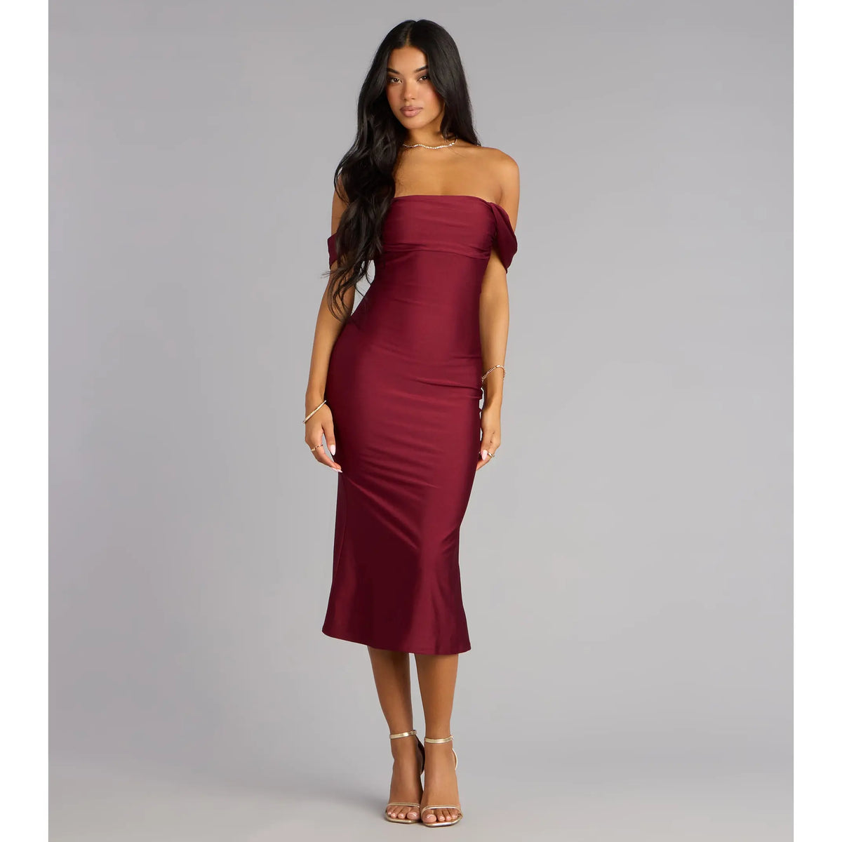 Exceptional Off-The-Shoulder Flared Midi Dress