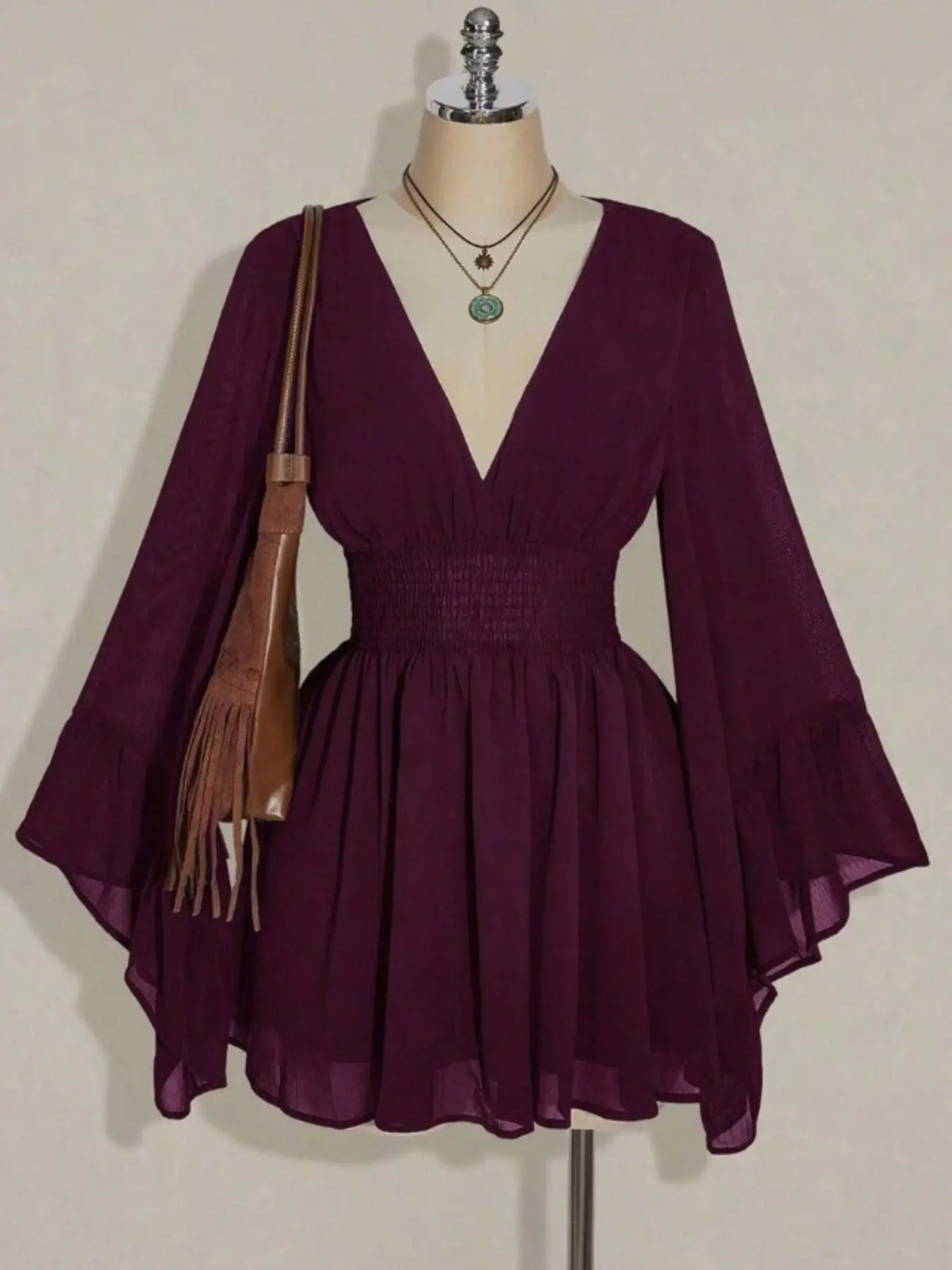 Women's Gothic Style V Neck Waist Cinched Dress, Elegant Chic Long Sleeve Mini Dress, Autumn/winter Lantern Sleeve Dress
