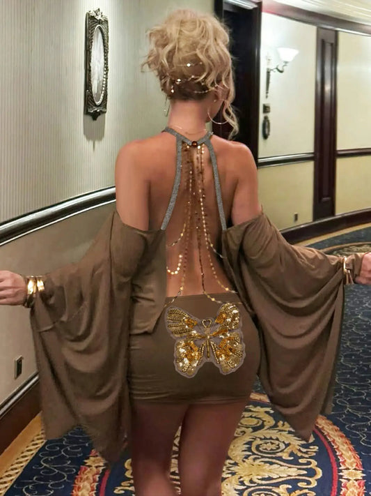 Butterfly Chain Backless Sexy Dress Batwing Sleeves Spring Summer Grunge Party Y2K Vintage Bodycon Mini Dress Short Sundress Women Bodycon Fitted Dress