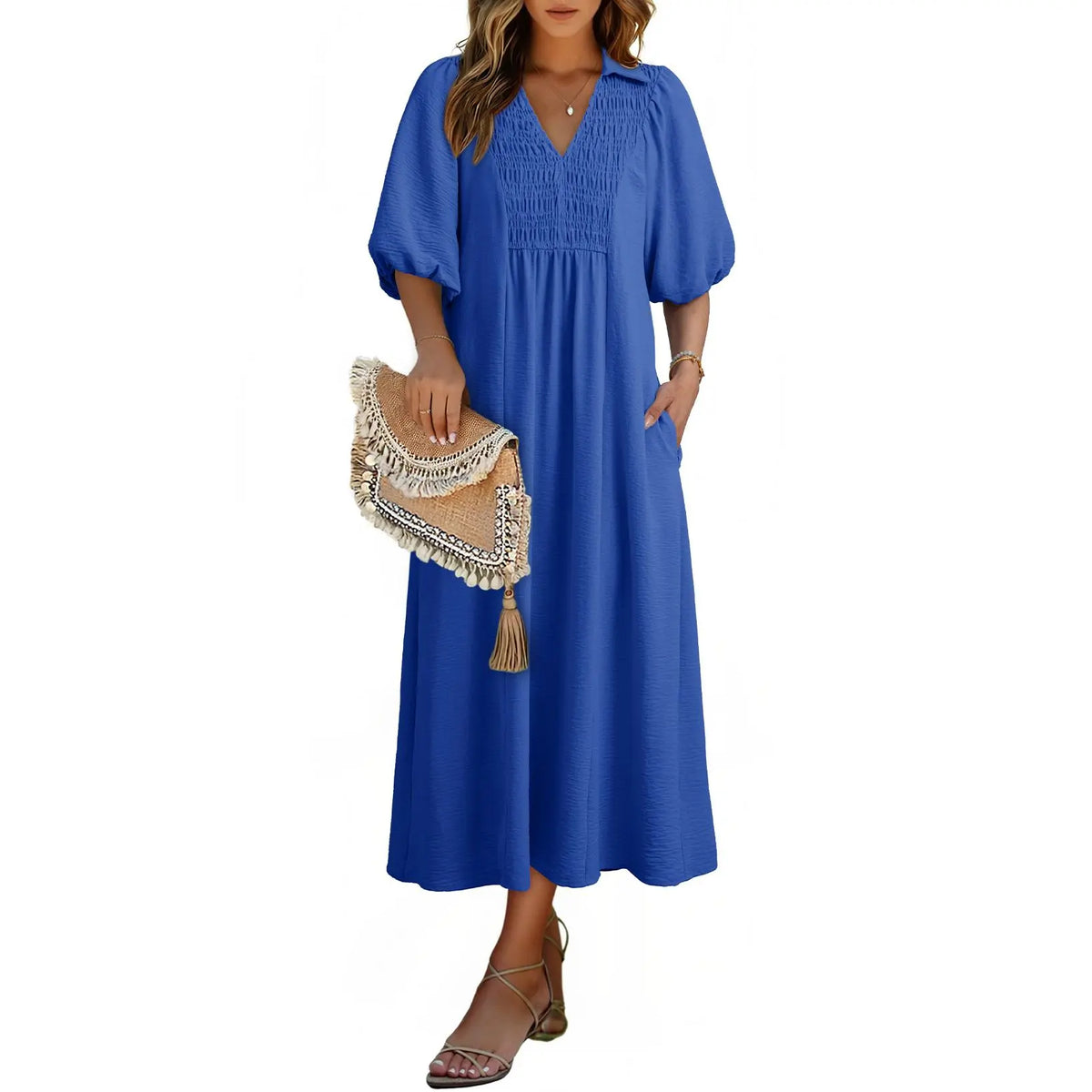 DOKOTOO Summer Dresses for Women 2026 Casual Dresses V Neck Puff Sleeve Empire Waist A-Line Maxi Dress