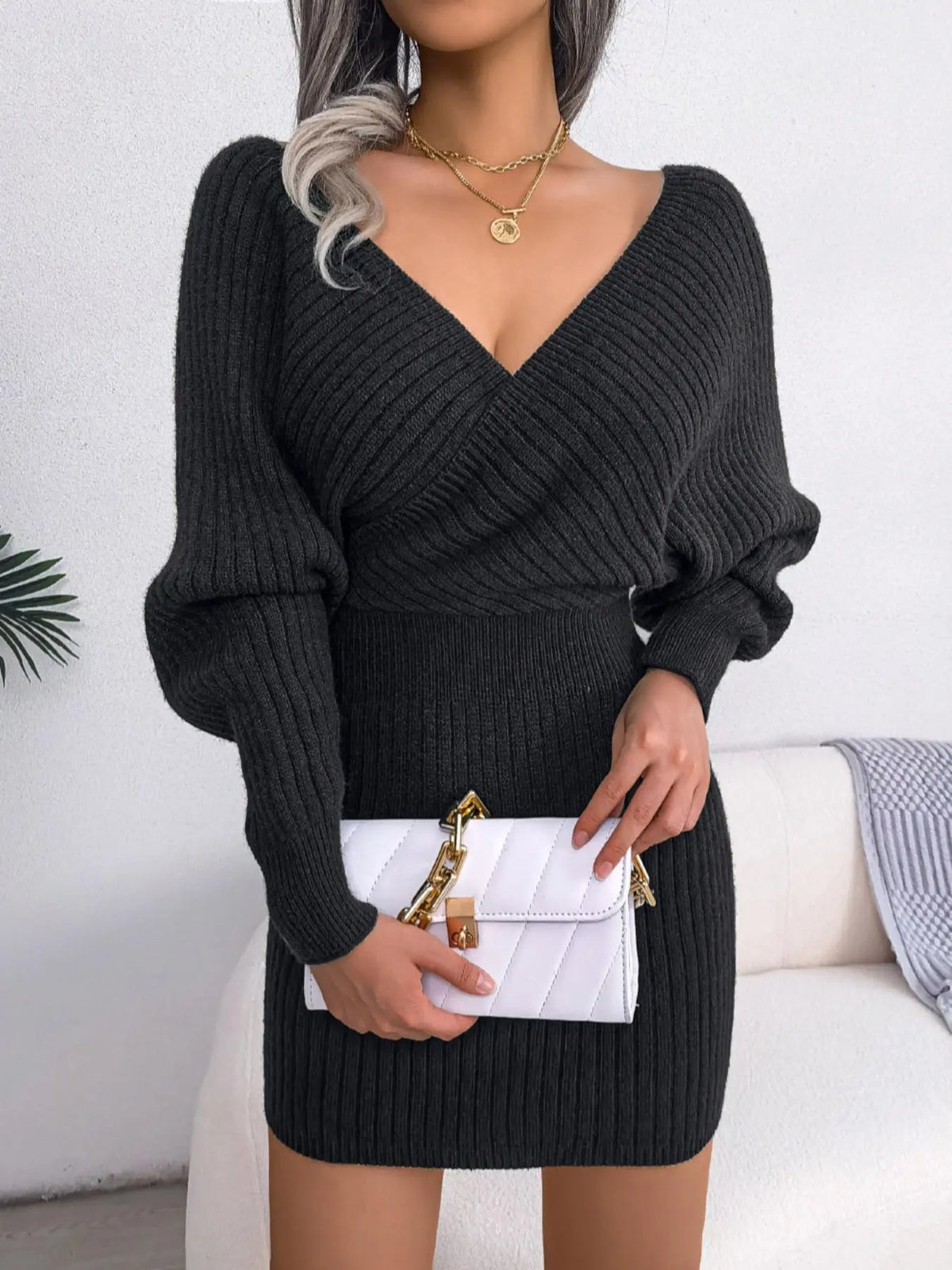 Women's Plain Solid Wrapped V Neck Leg-of-mutton Sleeve Sweater Dress, Slim-fit Long Sleeve Bodycon Jumper Dress, Womenswear