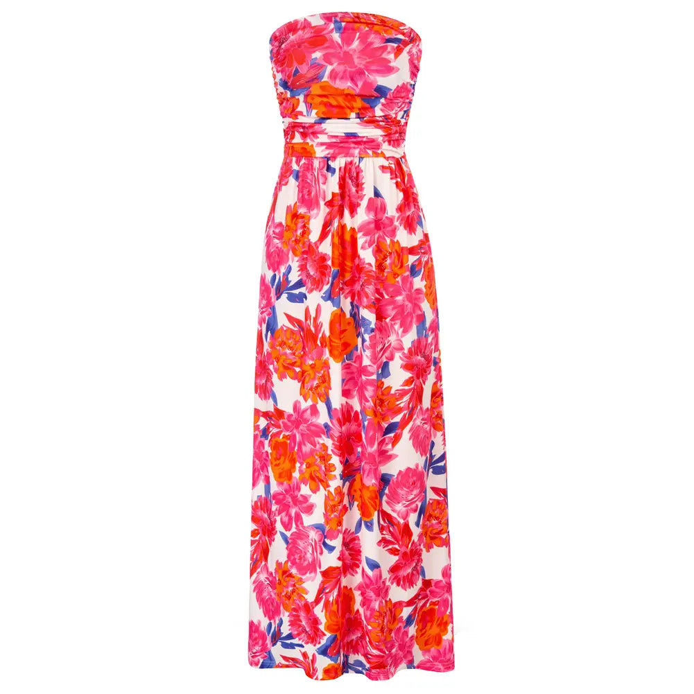 Grace Karin Women's Boho Strapless Sleeveless A-Line Wrap Maxi Dress, Ruched Floral Print Flowy Summer Beach Sundress with Pockets, Plus Size Friendly Casual Fashion Dress, Women's Casual Clothes
