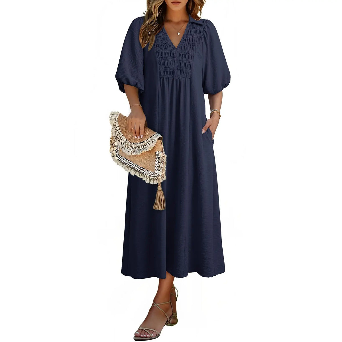 DOKOTOO Summer Dresses for Women 2026 Casual Dresses V Neck Puff Sleeve Empire Waist A-Line Maxi Dress