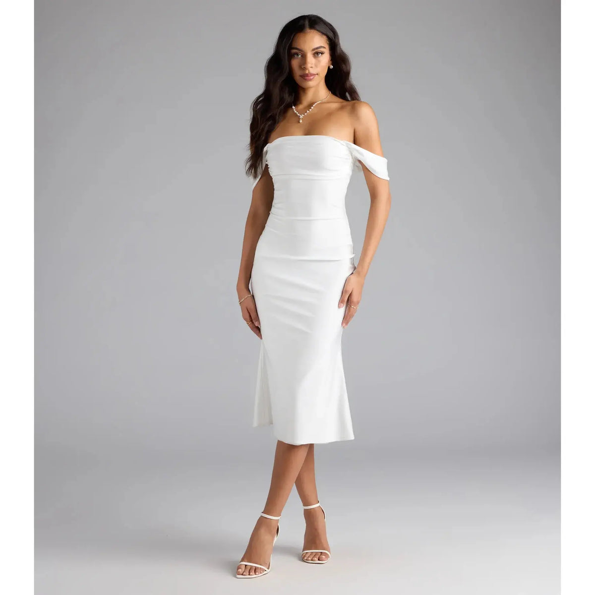 Exceptional Off-The-Shoulder Flared Midi Dress