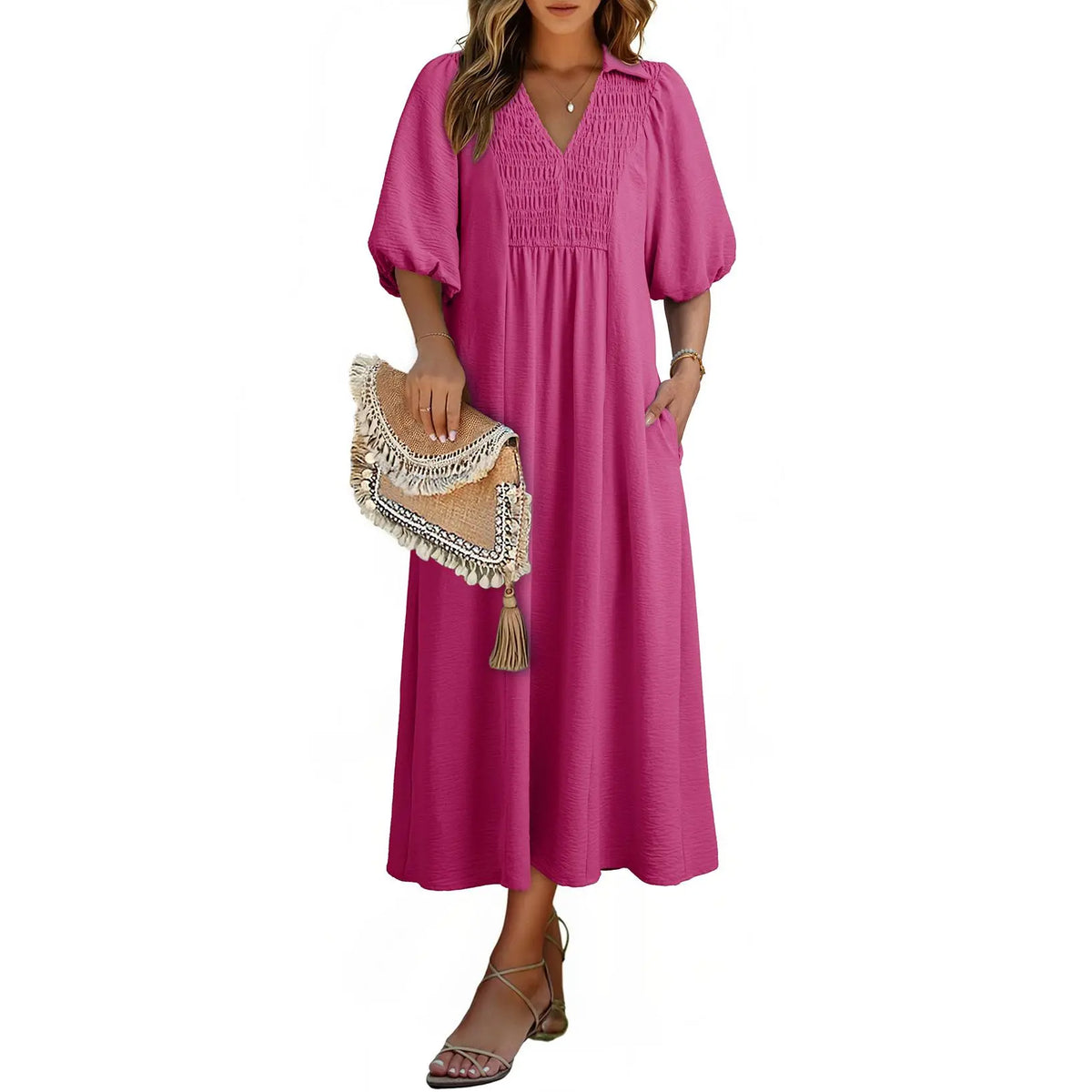 DOKOTOO Summer Dresses for Women 2026 Casual Dresses V Neck Puff Sleeve Empire Waist A-Line Maxi Dress