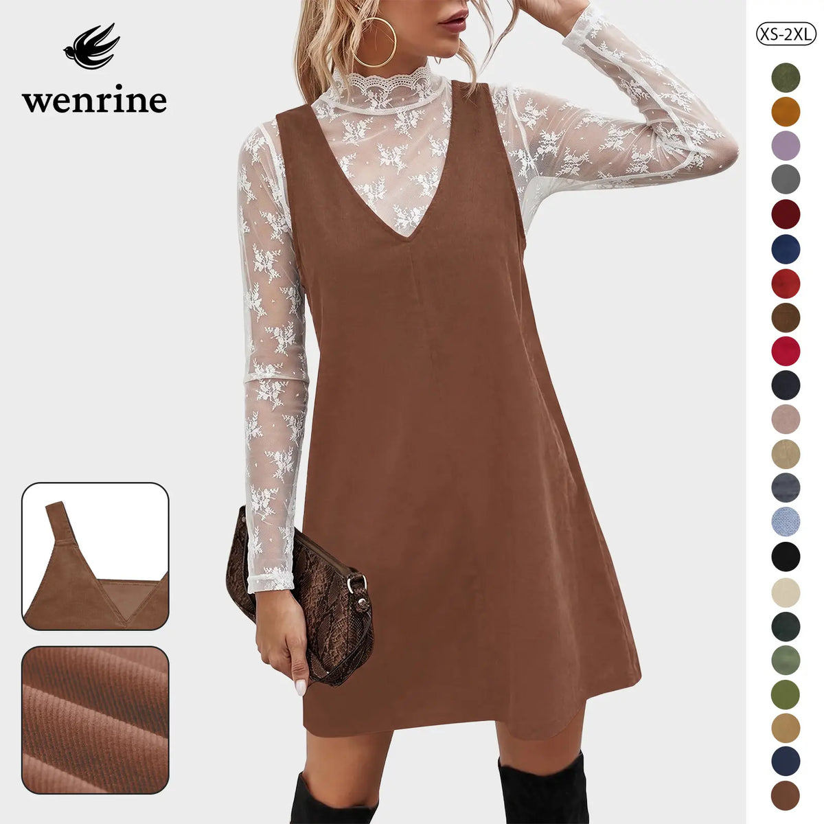 Wenrine Women's V Neck Corduroy Overall Dress Casual Loose Short Pinafore Dresses Cute Mini Jumper Dress