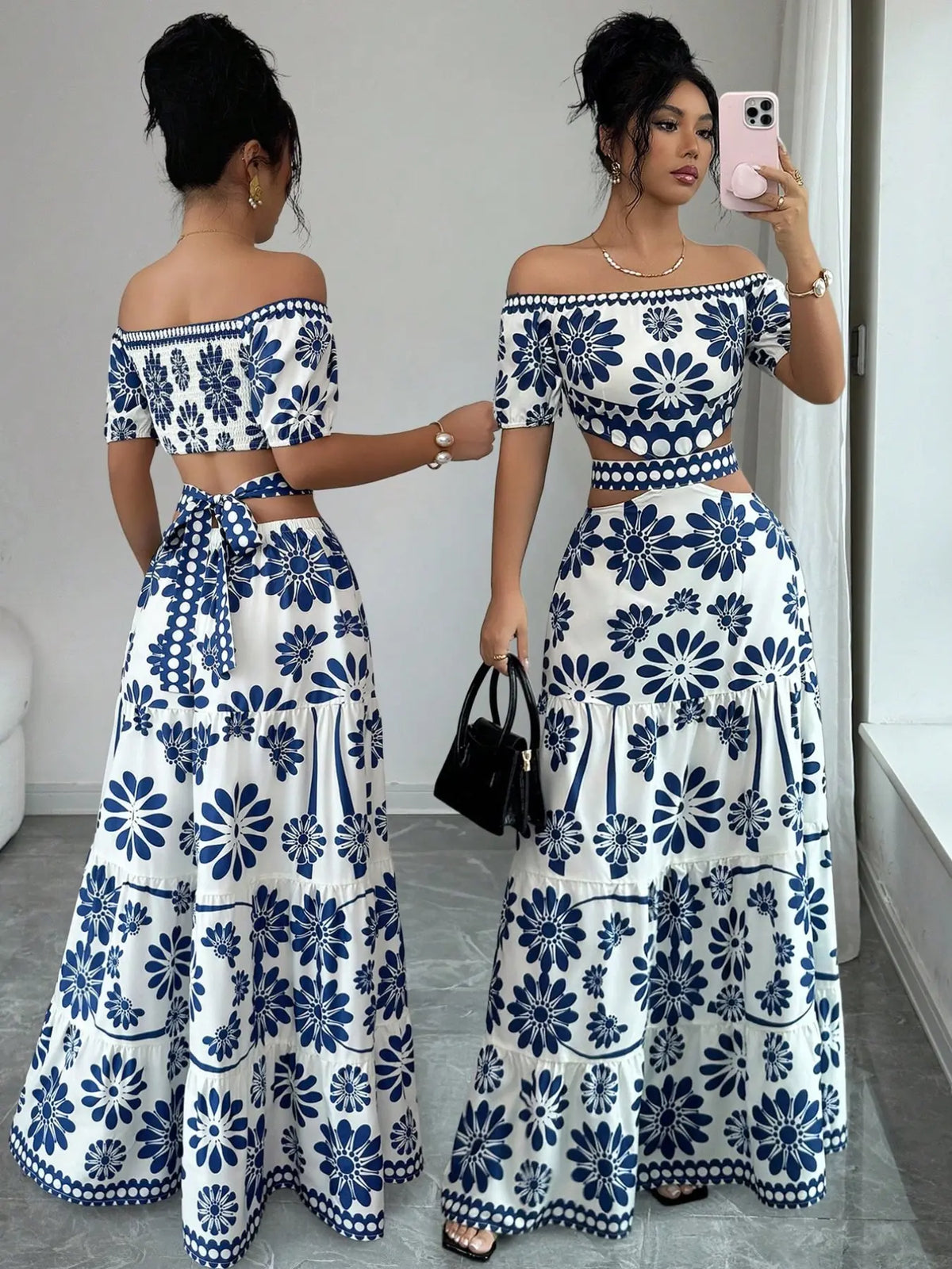 Women's Floral Off-Shoulder Short Sleeve Hollow Out Waist Fashion Chic Bohemian Dress, Tropical Vacation Women's Dress, Long Dress for Summer